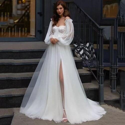 Wedding Dresses Side Split Boho Vestido De Noiva With Detachable Puff Sleeves Beach A-Line Wedding Gowns Sweetheart Bride Dress