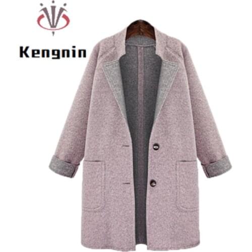 2021 Autumn Winter European Style Women Wool&Blends Jackets Plus Size 4XL Ladies Basic Coats Loose Pink Pockets Outerwear KN40