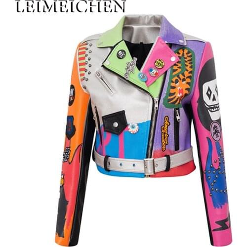 LEIMEICHEN PU Leather Jacket Women Rivet Punk Rock Jacket Biker Motorcyclist Silver Short Coat Leather Top S—3XL MT-26977