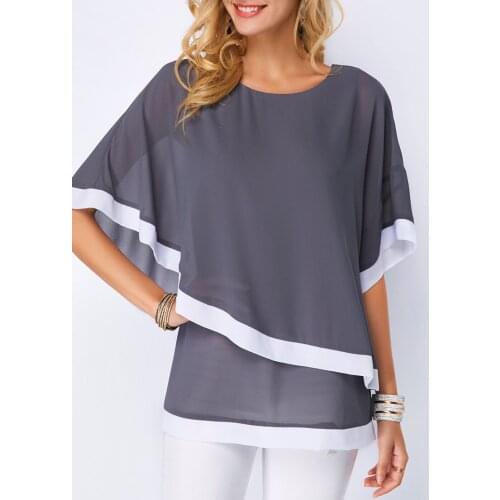 Plus Size S-5XL Chiffon Patchwork Irregular Blouse Shirts Casual Sexy Batwing O Neck Women Summer Blouses Tops Shirt New