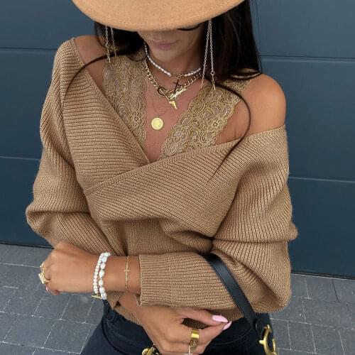 Women Off-Shoulder Knit T-Shirt 2020 Female Autumn Winter Solid Long Sleeve Warm Casual Tee Loose Tops Lace Sexy Woman Tshirts