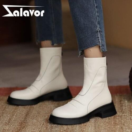Zalavor 2022 Women Real Leather Shoes Ankle Boots Thick Heels Fashion Winter Autumn Female Outdoor Ladies Footwear Size 34-39