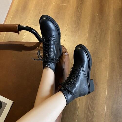 British Style Winter Split Leather Boots Womens Shoes Fashion Female Ankle Boots Martin Boots 2 Lining Round Toe Lace-Up