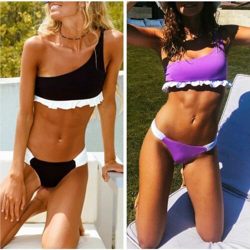 2 Pcs Women Sexy Bathing Suits Adults Color Block One Shoulder Ruffle Padded Bikini Tops + Swimming Bottoms