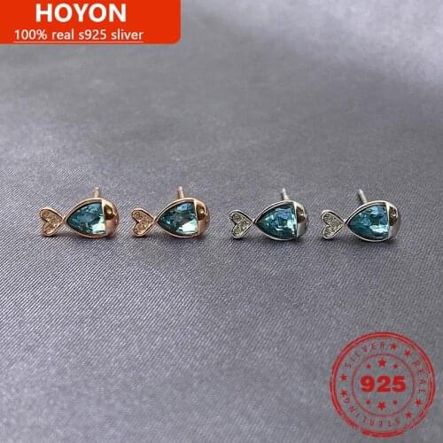 Sterling silver S925 Blue Zircon Fish Stud Earrings For Women Rose Gold White Gold Simple Stud Earring Engagement Wedding Fine J