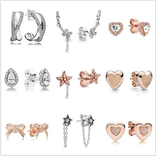 Original 925 Sterling Silver Rose Sparkling Elevated Heart With Crystal Stud Earrings For Women Wedding Gift Pandora Jewelry