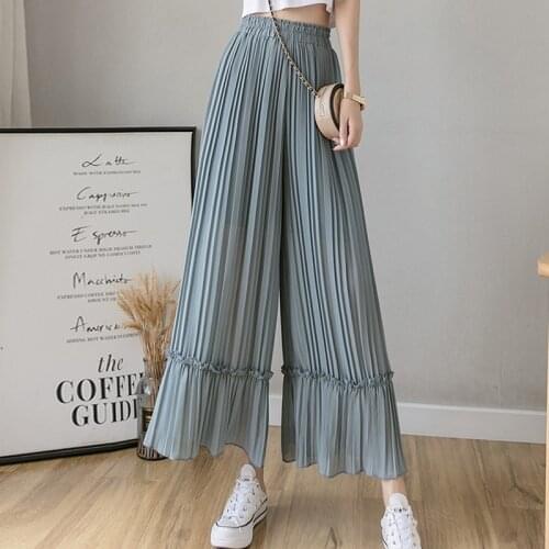 S-XXL Korean Loose Pleated Pants Women High Waist Ruffles Summer Chiffon Trousers Suits For Women Wide Leg Pant 2021