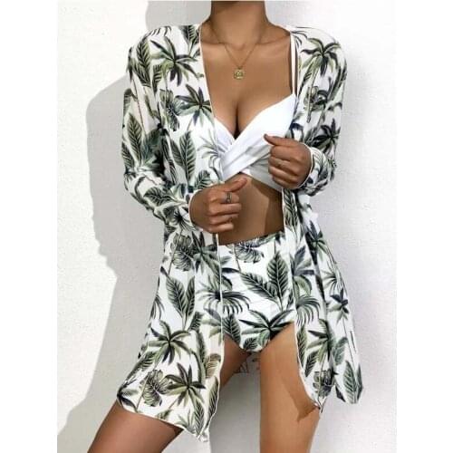 New Printed Bandages Bikini Female Swimsuit Women Swimwear Three-pieces High Waist Bikini Set With Cover Up Bather Bathing Suit