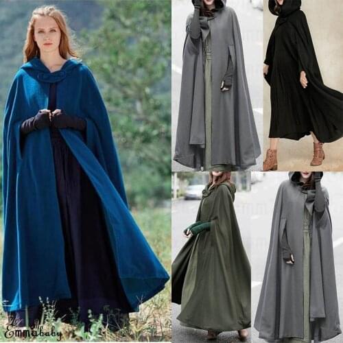 Winter Fashion Women Single Button Hooded Coat Hooded Cloak Hooded Cape Medieval Costumes Ponchos X-Long Gray Green Black Blue
