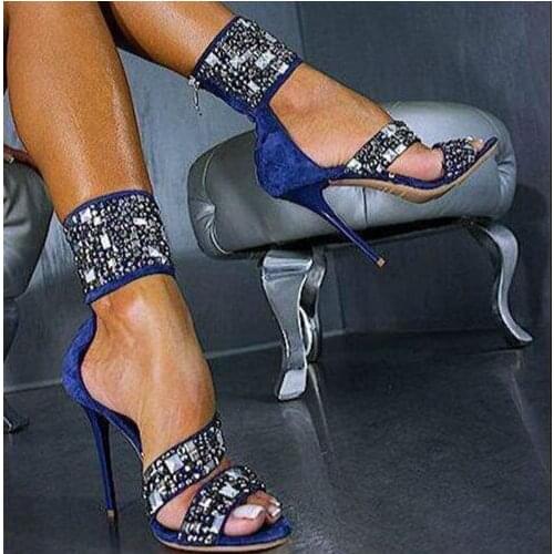 2017 European sexy blue suede high heel diamond ladies sandals nightclub shallow mouth open toe cover heel woman sandals