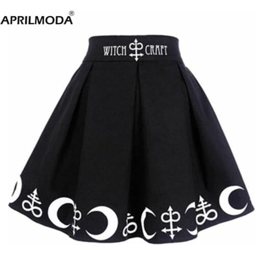 2021 Harajuku Punk Rock Gothic Skirt Black Women Witch Moon Printed High Waist Witch Craft Moon Star Print Goth Pleated Skater