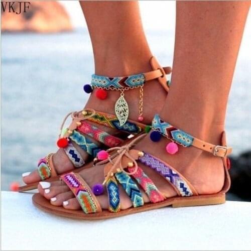 2021 Summer Plus Size The New womens Bohemian Fish Mouth Ball Ball Ethnic Wind Flat Lace-Up Ethnic Sandals