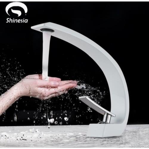Shinesia White Bathroom Basin Faucet for Vessel Sink Wash Crane Deck Mounted Hot and Cold Switch Water Mixer Taps