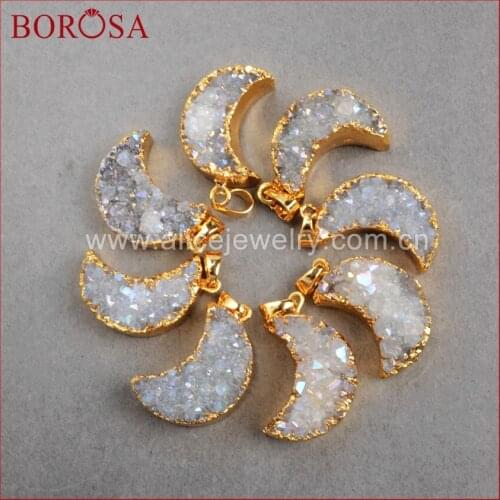 BOROSA Natural Stone Titanium AB Druzy Geode Moon Shape Pendant Druzy Jewelry Stone Geode Gold Bezel Pendant Druzy Jewelry G0388