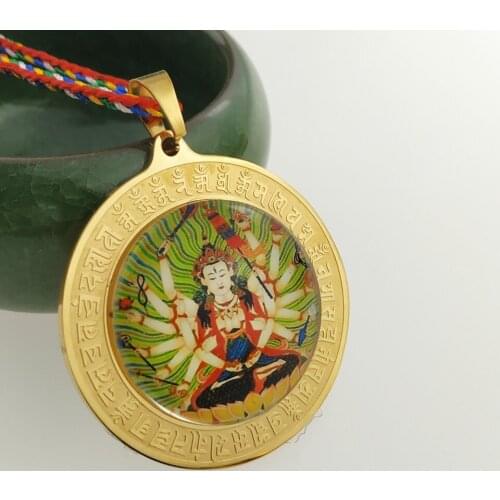 Buddhist Avalokitesvara Necklace Round Pendant for Men Hand-Made Braided Rope Buddhism Amulet Lucky Jewelry