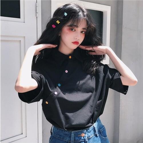 2020 Summer women Korean version t shirt female kawaii cute irregular top button sweet solid color lapel female Harajuku clothes