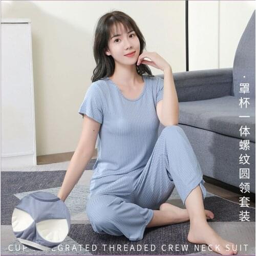 Short-sleeved home service suit with cup and round neck cropped trousers loose thin pajamas women