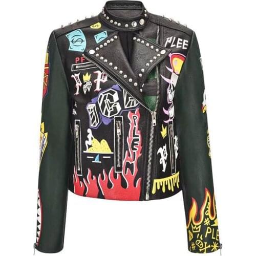 Spring Fire Pizzas Graffiti Faux Leather Jackets For Punk Women Queen Rivet Fashion Streetwear Motorcycle Coat
