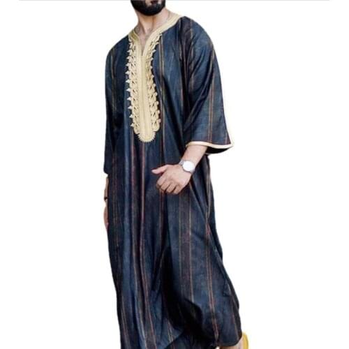 Islamic Clothing Men Robe Kaftan Muslim Man Moroccan Hoody Long Dress Arabic Striped Robe Middle East National Costume