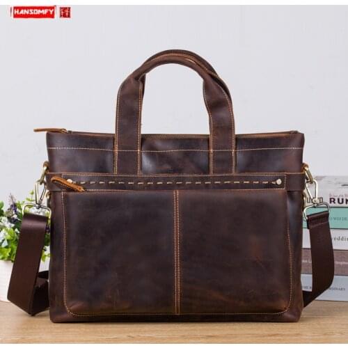 Mens Shoulder Messenger Bag Leather Travel Handbag Simple Men Laptop Bag Business Briefcases Handmade Retro Crazy Horse Leather
