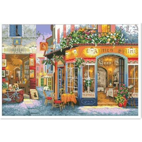 European bistro cross stitch kit street 18ct 14ct 11ct white canvas fabric cotton thread embroidery DIY handmade needlework