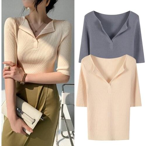 2021 summer new style fashion mid-sleeve solid color top pointed V lapel slim slimming outer wear top womens knit sweater