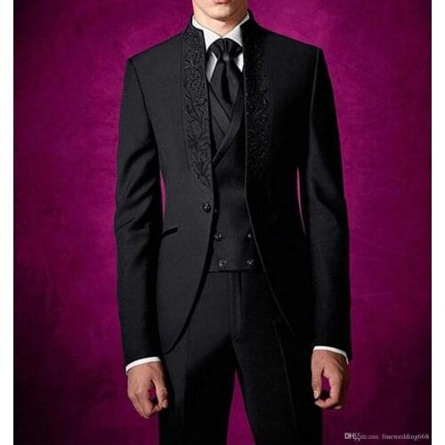 New Arrival Embroidery Groomsmen Mandarin Lapel Groom Tuxedos Men Suits Wedding/Prom Best Man Blazer ( Jacket+Pants+Vest+Tie)A58