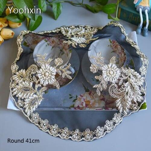 Fashion round black lace beads mesh embroidery place table mat cloth pad cup mug coffee doily tea dining coaster drink decor