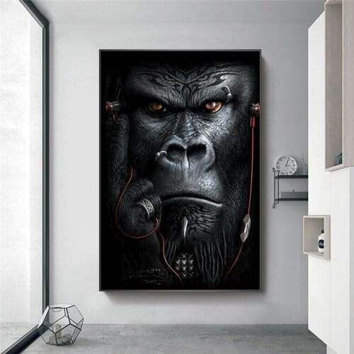 Apes and Monkeys Listening to Music Wall Art Posters And Prints Abstract Animals Canvas Paintings Nordic Picture For Living Room