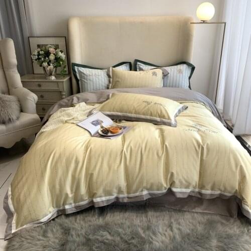 4pcs Linge de lit Superb 100S Pima Cotton Bed Clothes Queen Size Bedsheets Striped Yellow Duvet Cover Pillow case Double Linens