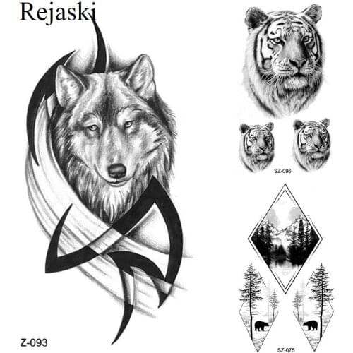 Rejaski Black Cool Totem Temporary Tattoo Stickers Women Arm Art Wolf Waterproof Tatoos Men Body Hands Tiger Small Fake Tattoo