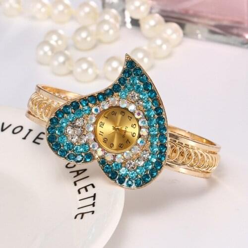 Luxury Womens Bracelet Watches Gold Ladies Dress Quartz Wristwatches relogio feminino Heart-shaped reloj mujer Blue Crystal
