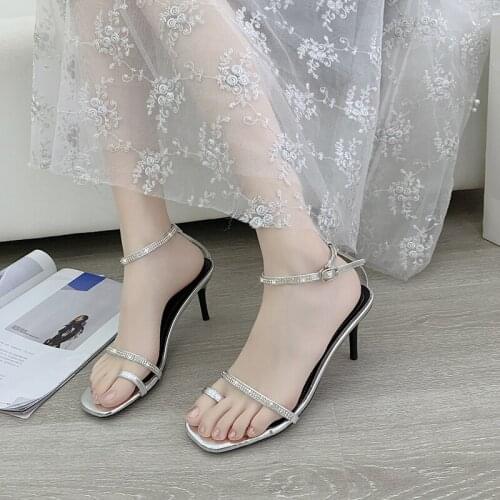 Crystal High Heels Ladies Sandals Sexy Word with Shiny Open Toe Silver Stiletto High Heels Ladies Party Shoes Ladies Sandals