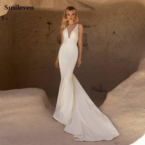 Smileven Ivory Satin Mermaid Wedding Dresses Sexy V Neck Beaded Straps Bridal Gowns Backless Boho Wedding Gowns
