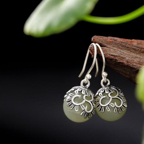 Silver S925 Pure Silver Antique Inlaid Natural Hetian Jade White Jade Bead Lady High-end Earrings Earrings Wholesale