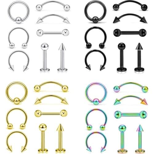 8PCS/Set Eyebrow Bar Lip Nose Pircing Gold Silver Black Multi Color Piercing Set Ear Studs Stainless Steel Mixed Body Jewelry