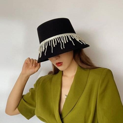 Fall Winter French Elegant Wool Fedora Hats For Women Fisherman Bucket Caps High-quality Pearl Tassel Decoration Basin Hat K Pop