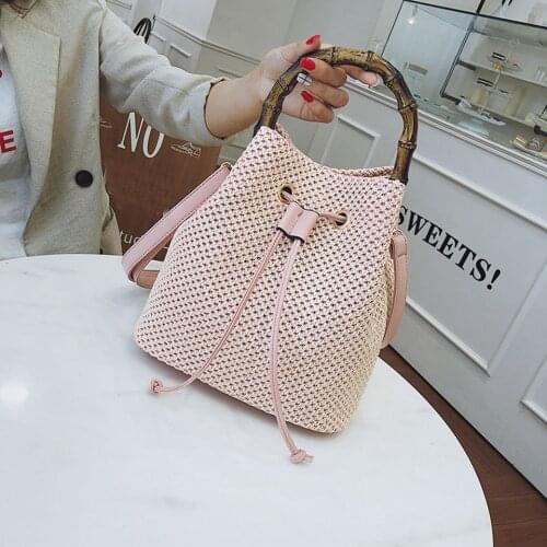New Summer Bucket Straw Bag Women Fashion Brand Bamboo Handle Girls Rattan Shoulder Crossbody Bags String Beach Female Handbag