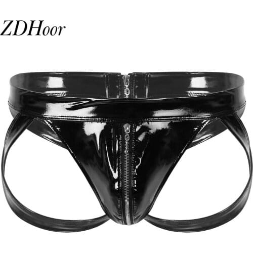 Patent Leather Lingerie Mens Sexy Low Rise Bulge Pouch Underwear Back Cut Out Double-ended Zipper Briefs Jockstrap Underwear