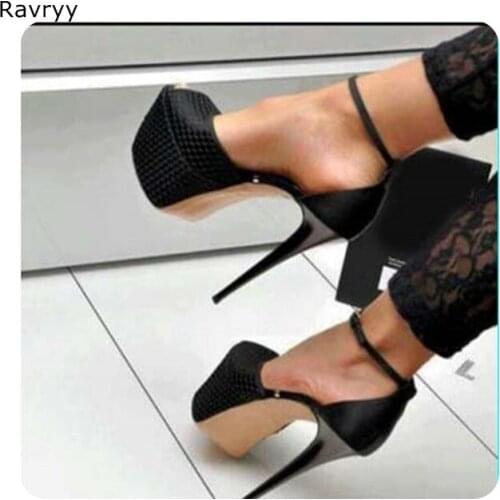 Ankle buckle womans black high heels platform heels peep toe sexy pumps single shoes thin heel female party model dress shoes