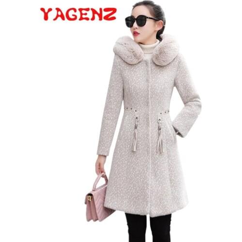 YAGENZ Wool Coat Women Fur collar Hooded Long Jacket Winter Clothes Thick Woolen Coat Female Imitate Mink cashmere Outerwear 663