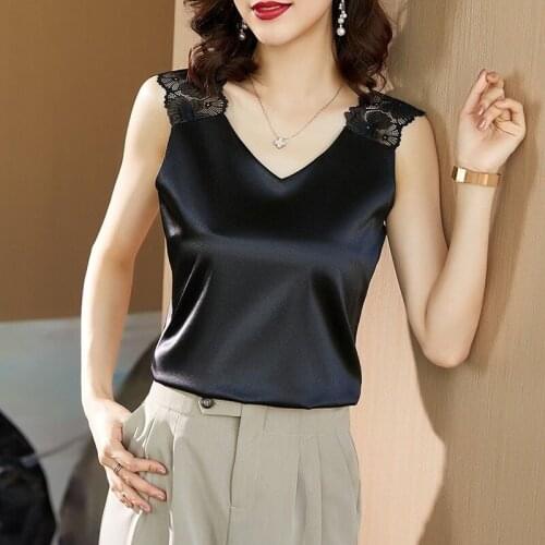 Women Tank Tops Sleeveless Summer 2021 Sexy V-neck Satin Camis Silk Vest Lace Elastic Clothes Plus Size S-4XL New Blusas 13733