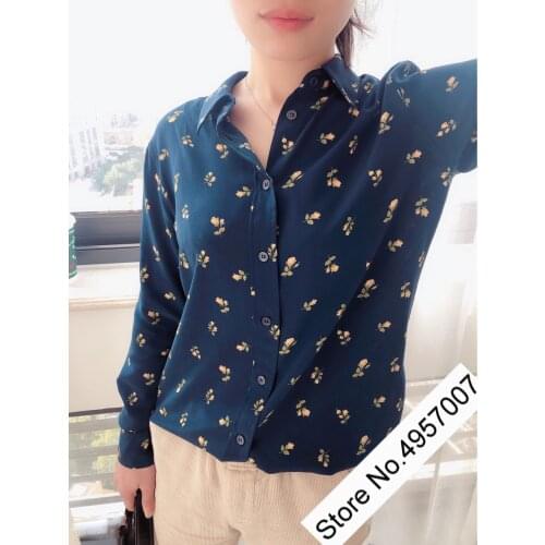 High Quality 100% Silk Ladies Long Sleeve Blue Printed Lapel Blouse Shirt Top