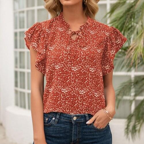 2021 Summer New Style Temperament Lotus Leaf Sleeve Polka Dot Printing Short Sleeve Shirts Fashion All-Match WomenS Shirt