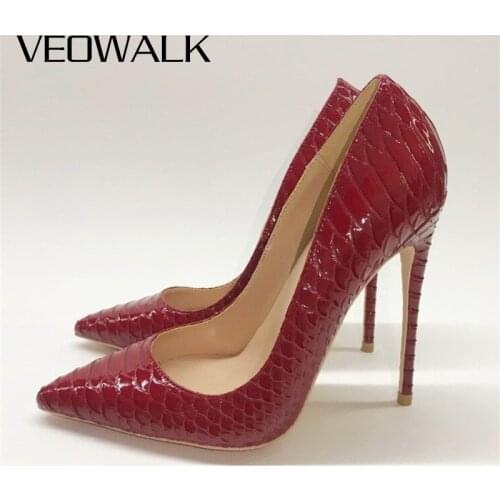 Veowalk Women Glossy Red Croc-Effect Sexy Stiletto Pumps 8cm 10cm 12cm High Heel Slip On Dress Shoes for Ladies Small Size 33-45