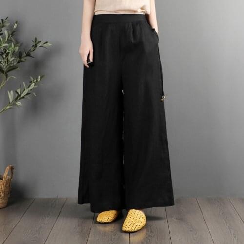Plus Size Women Cotton Pants Summer Elastic Waist Loose Casual White Wide Leg Pants Chinese Style Cotton Linen Trousers 12699