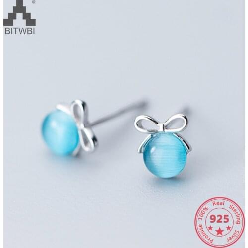 Delicate Wholesale Japan Korea Style 925 Sterling Silver Fashion Cute Sweet Blue Opal Crystal Bowknot Stud Earring Women Jewelry