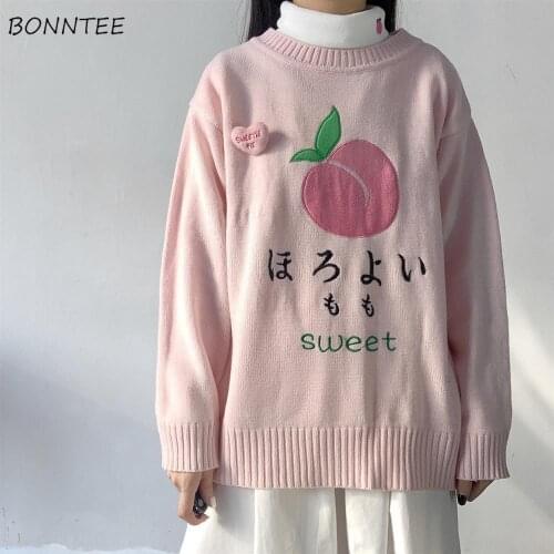 Sweaters Women Sweet Cartoon Embroidery Pink College Girls Sweater Ulzzang All-match Trendy Autumn Lovely Ladies Knitwear Chic