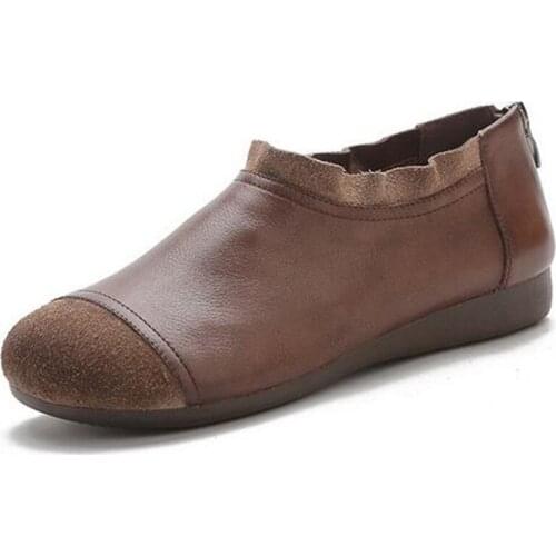 2020 New Spring Autumn Retro Style Soft Sole Comfortable Shoes Womens Flat Shoes Splicing Genuine Leather Shoes Casual Shoes