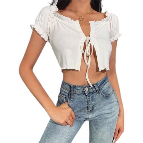 2020 New Fashion Hot Women Summer Short Sleeve Cardigan Korean Sexy Solid Color Lace Breathable Crop top